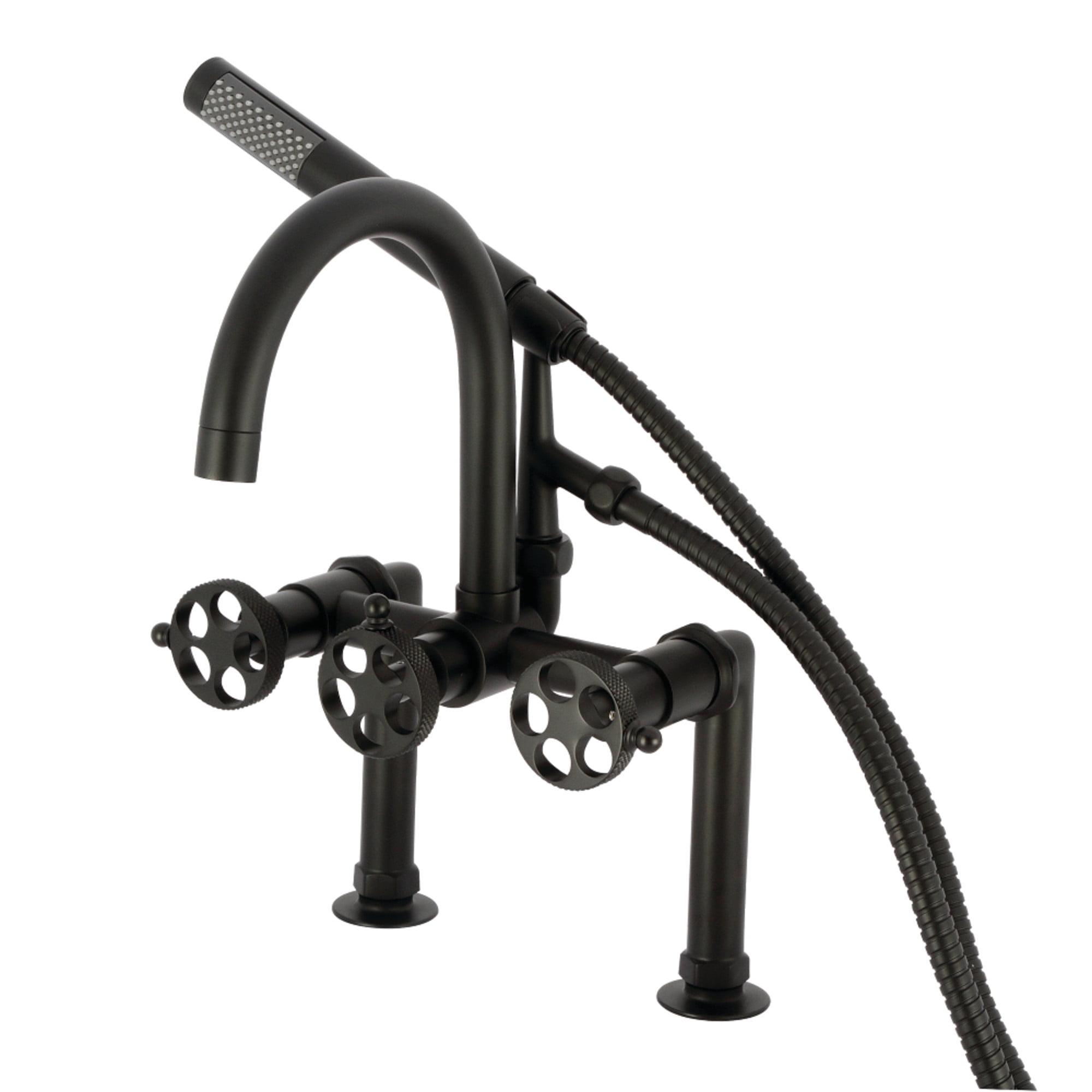 Kingston Brass Webb Three-Handle 2-Hole Deck Mount Clawfoot Tub Faucet with Knurled Handle and Hand Shower