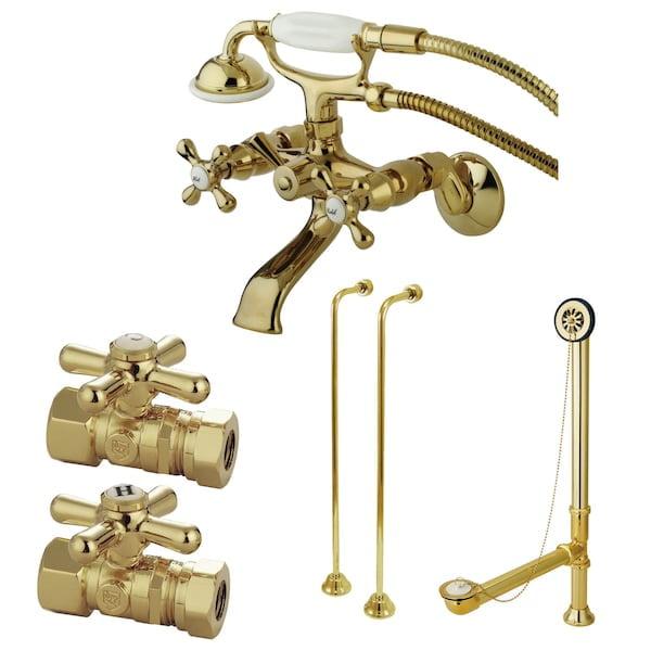 Kingston Brass Vintage Two-Handle 2-Hole Tub Wall Mount Clawfoot Tub Faucet Package with Supply Line, Hand Shower and Tub Drain