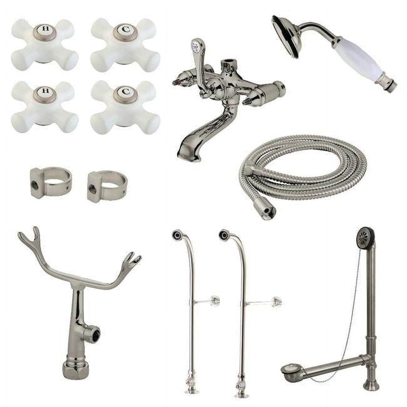 Kingston Brass Vintage Three-Handle 2-Hole Freestanding Clawfoot Tub Faucet Package with Supply Line, Hand Shower and Tub Drain