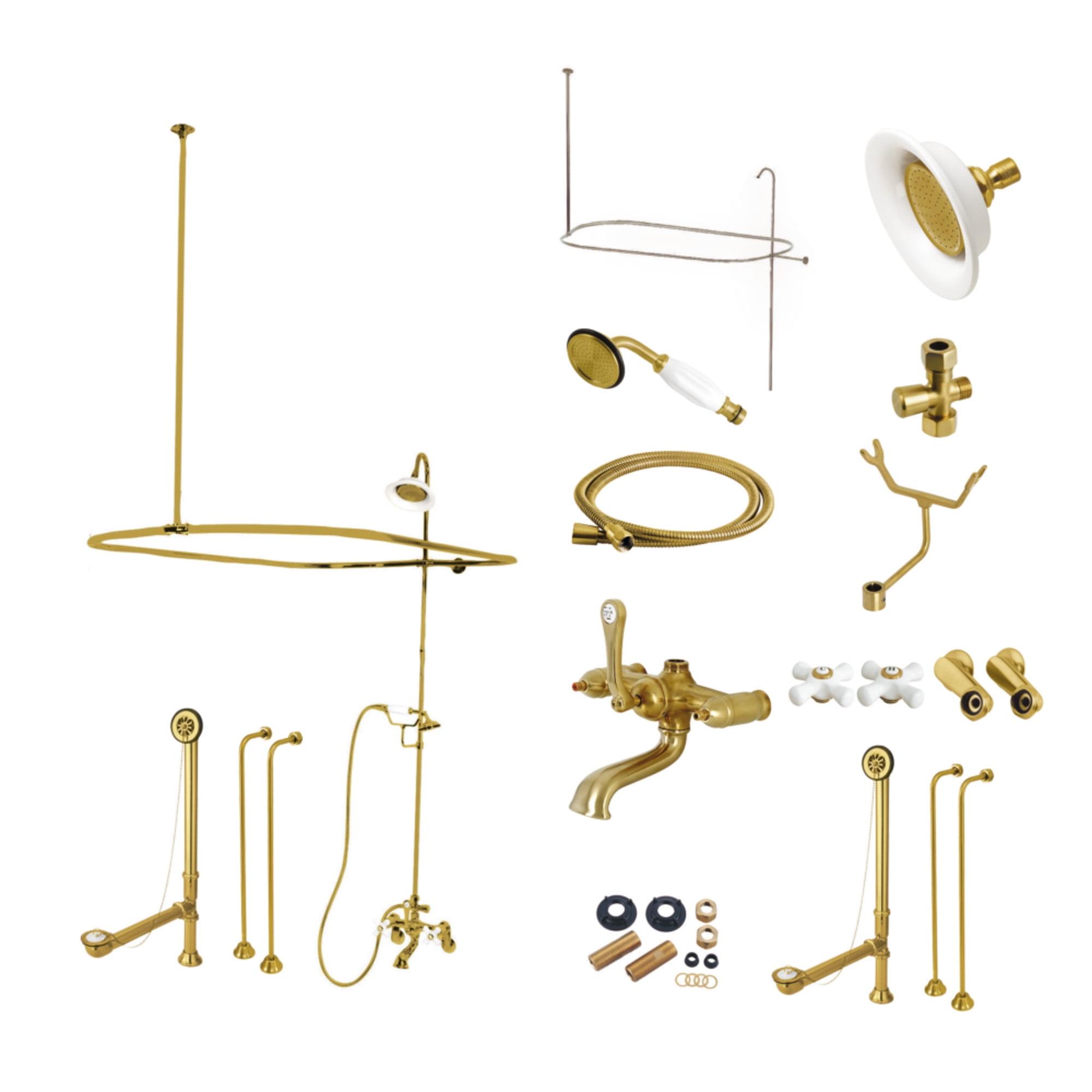 Kingston Brass Vintage Three-Handle 2-Hole Tub Wall Mount Clawfoot Tub Faucet Package with Shower Enclosure and Hand Shower