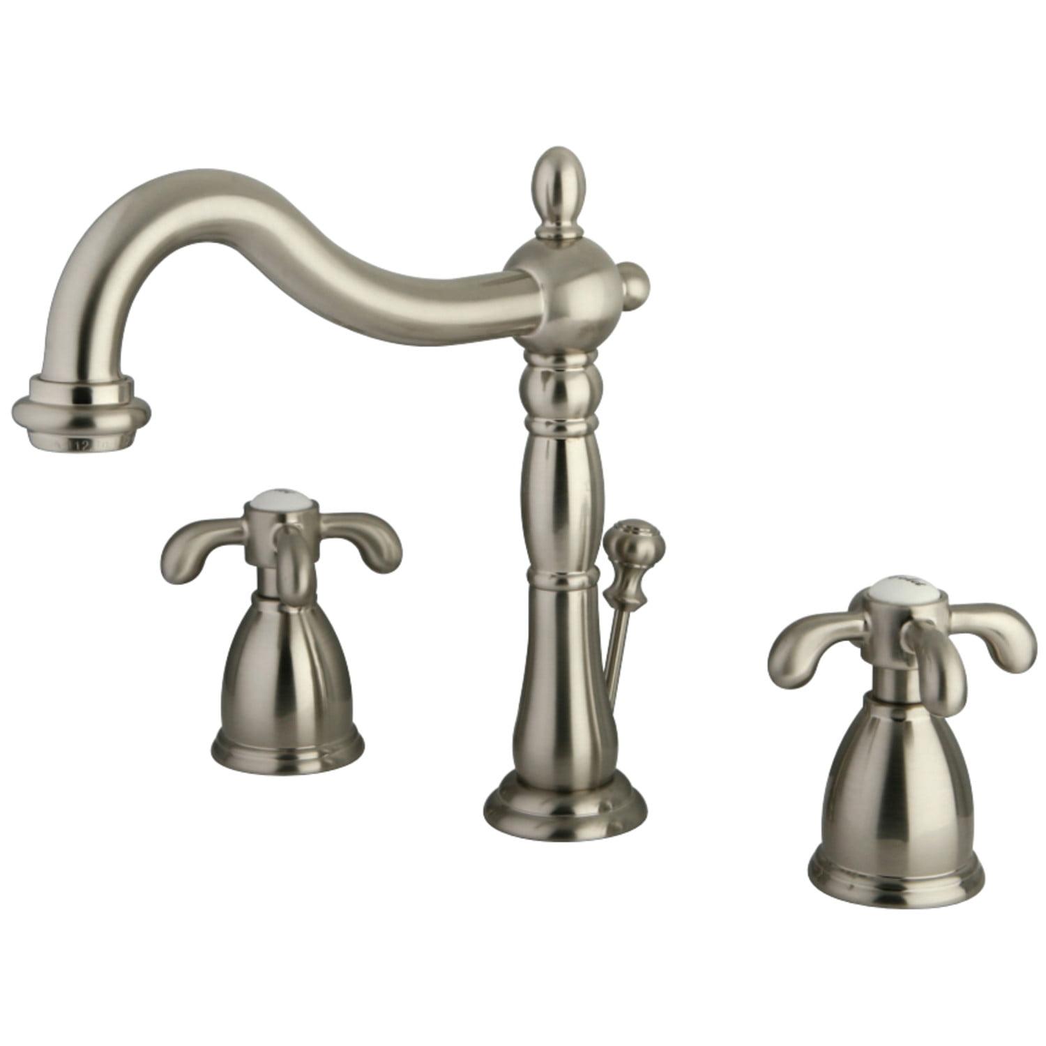 Kingston Brass French Country Two-Handle 3-Hole Deck Mount Widespread Bathroom Faucet with Pop-Up Drain