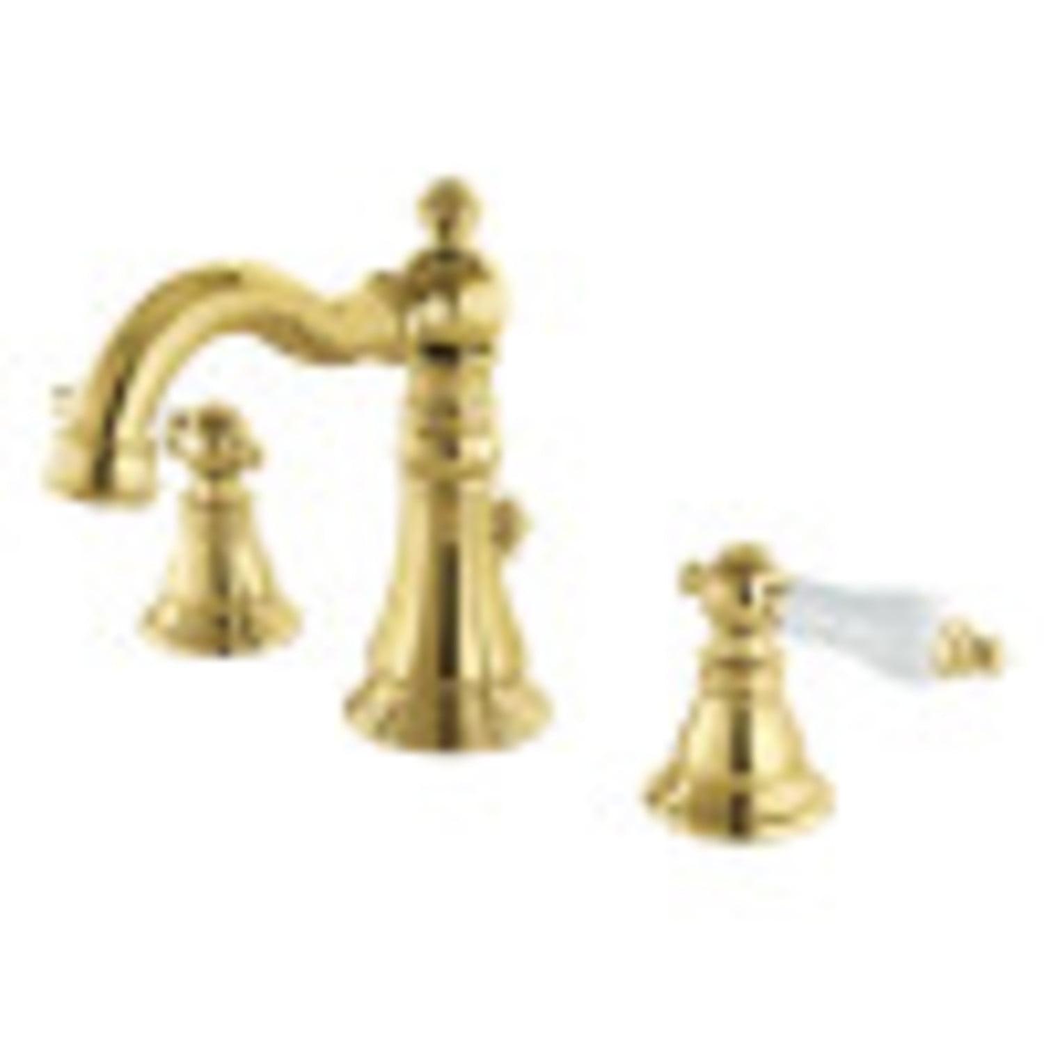 Kingston Brass American Patriot Two-Handle 3-Hole Deck Mount Widespread Bathroom Faucet with Pop-Up Drain