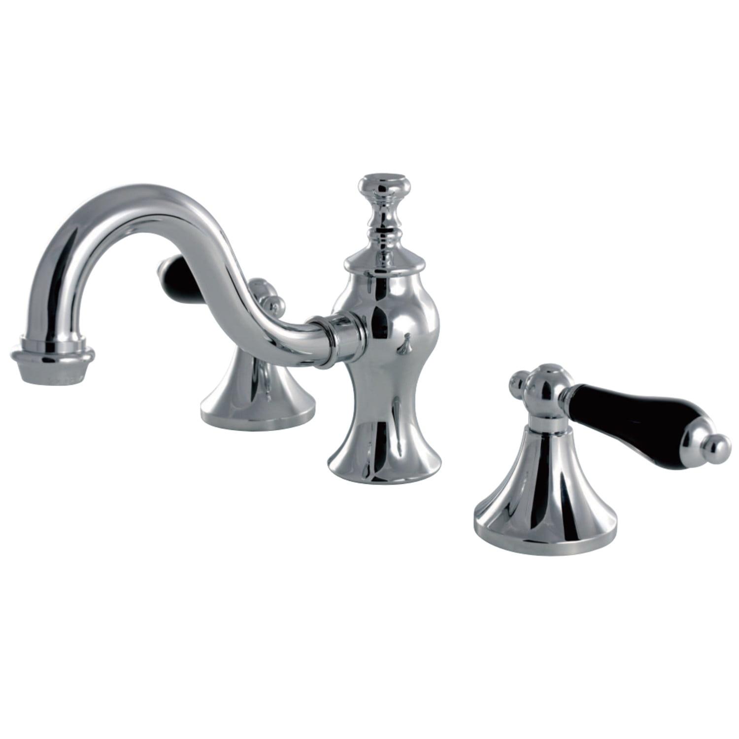 Polished Chrome 8-Inch Widespread Bathroom Faucet with Black Porcelain Handles