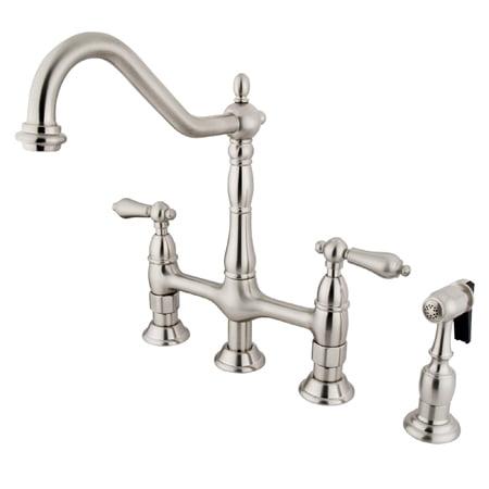 Kingston Brass Heritage Two-Handle 4-Hole Deck Mount Bridge Kitchen Faucet with Brass Side Sprayer