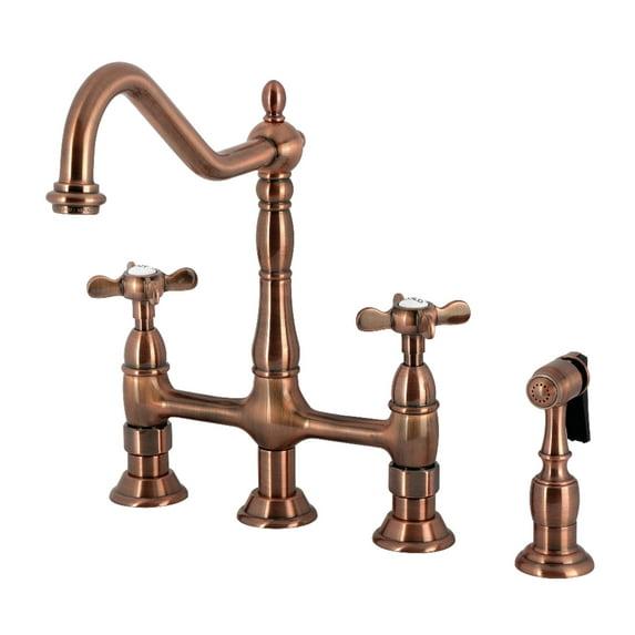 Kingston Brass KS127ALBSAC Kingston Brass Heritage Two-Handle 4-Hole Deck Mount Bridge Kitchen Faucet with Brass Side Sprayer