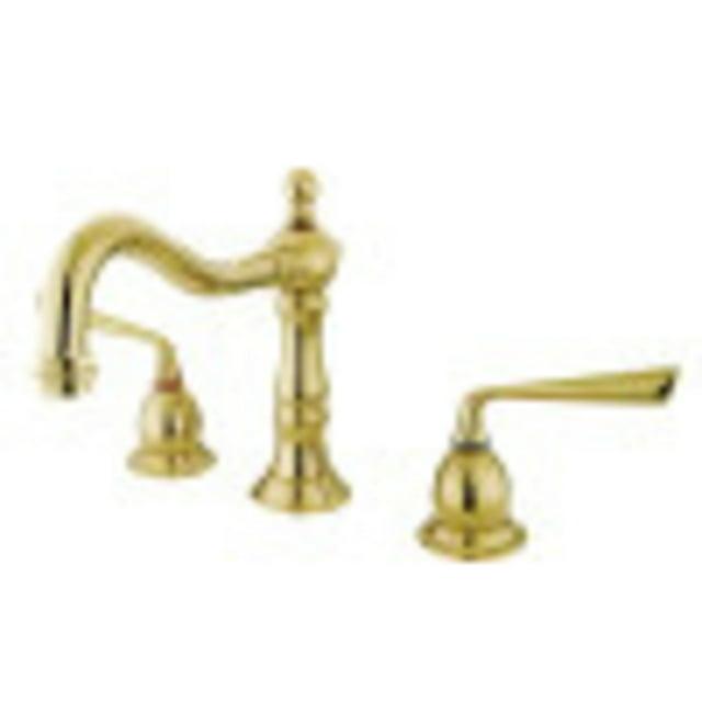 Kingston Brass Silver Sage Two-Handle 3-Hole Deck Mount Widespread Bathroom Faucet with Brass Pop-Up Drain