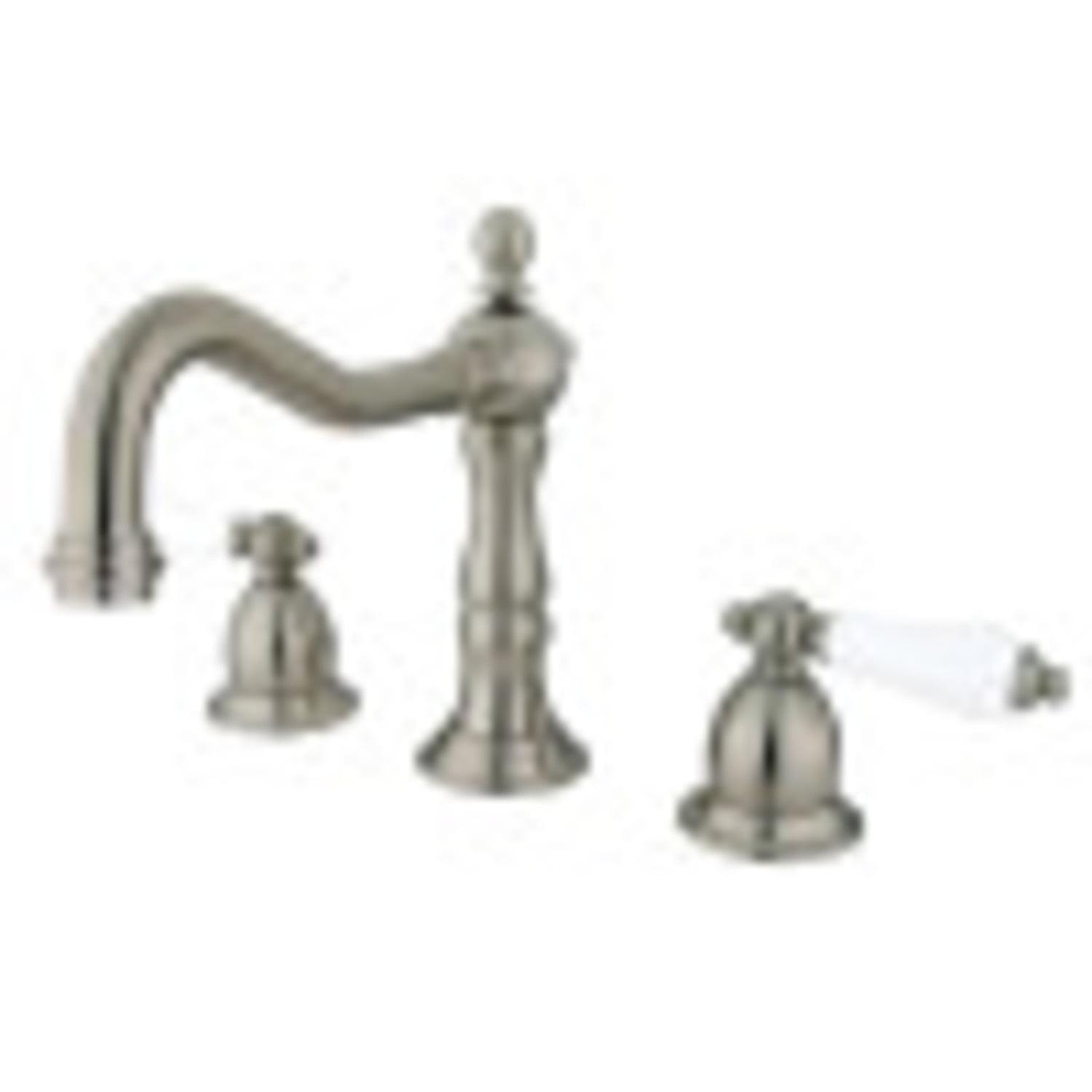 Kingston Brass Heritage Two-Handle 3-Hole Deck Mount Widespread Bathroom Faucet with Brass Pop-Up Drain