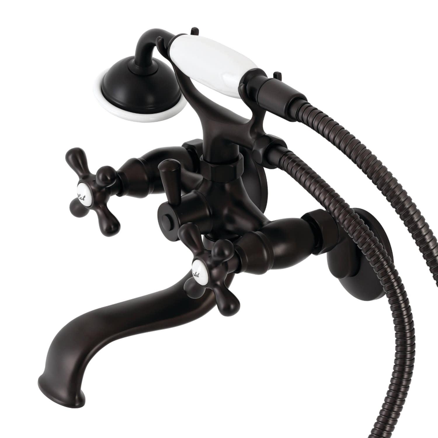 Kingston Brass Kingston Three-Handle 2-Hole Tub Wall Mount Clawfoot Tub Faucet with Handshower