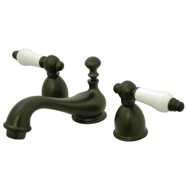 Kingston Brass Restoration Two-Handle 3-Hole Deck Mount Mini-Widespread Bathroom Faucet with Brass Pop-Up