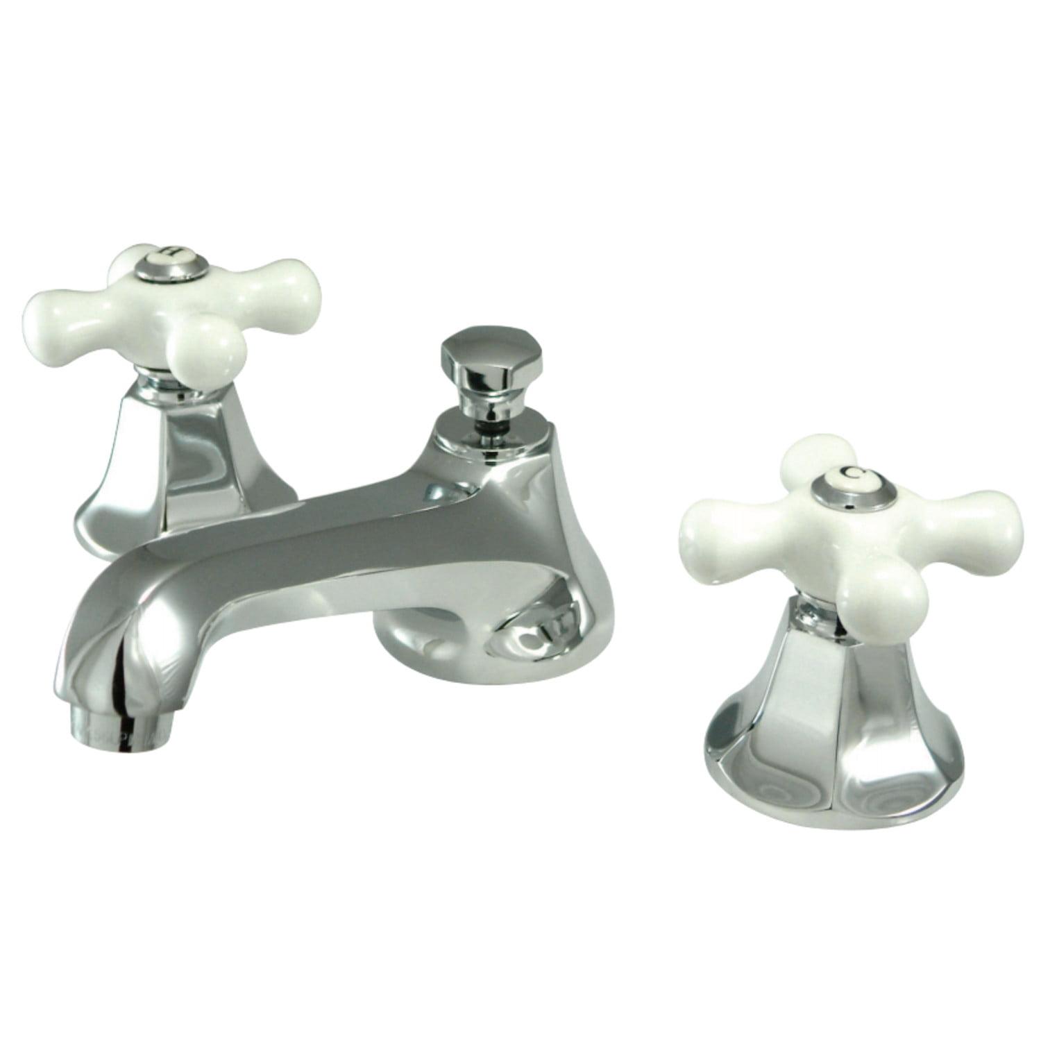 Kingston Brass Metropolitan Two-Handle 3-Hole Deck Mount Widespread Bathroom Faucet with Brass Pop-Up Drain