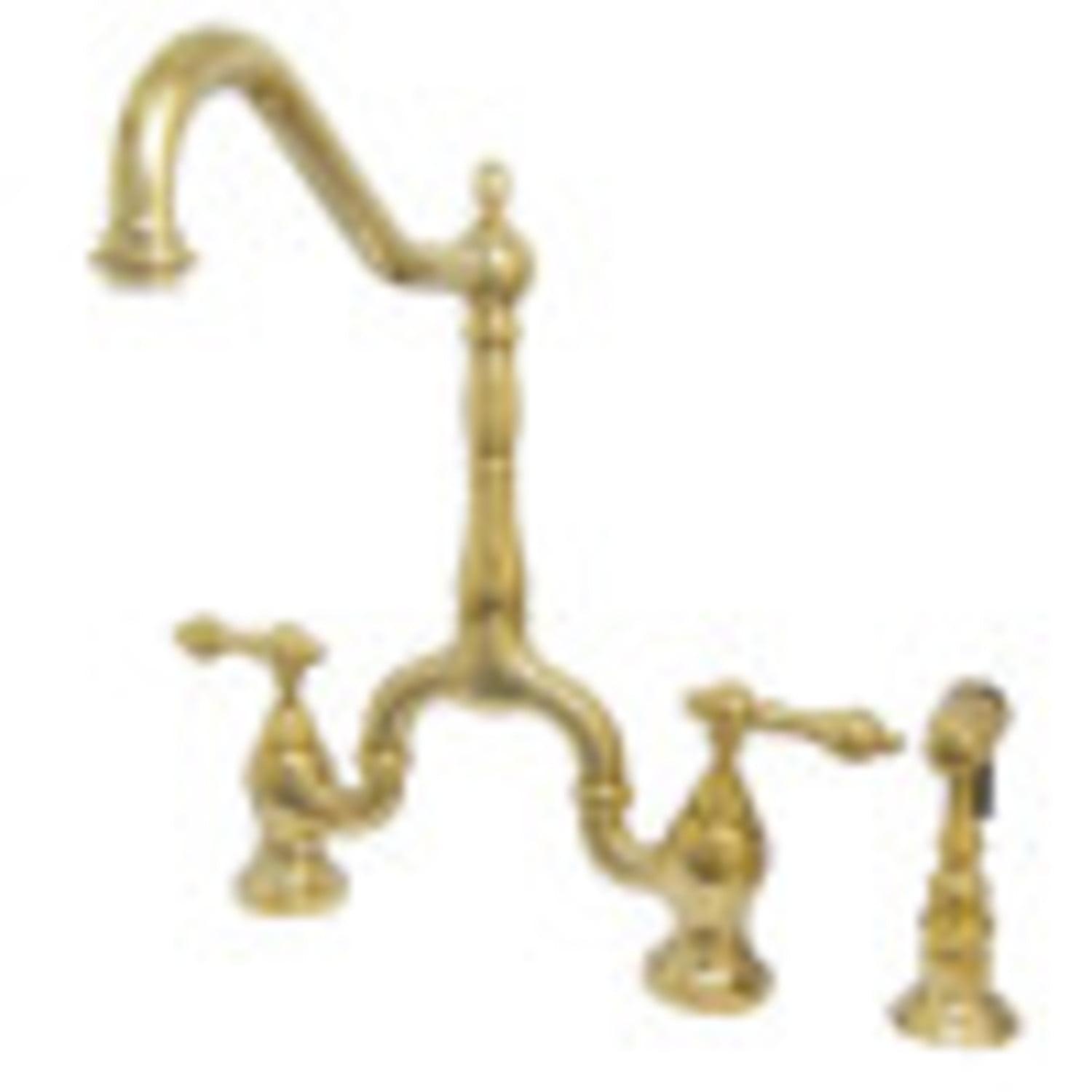 Kingston Brass English Country Two-Handle 3-Hole Deck Mount Bridge Kitchen Faucet with Brass Side Sprayer