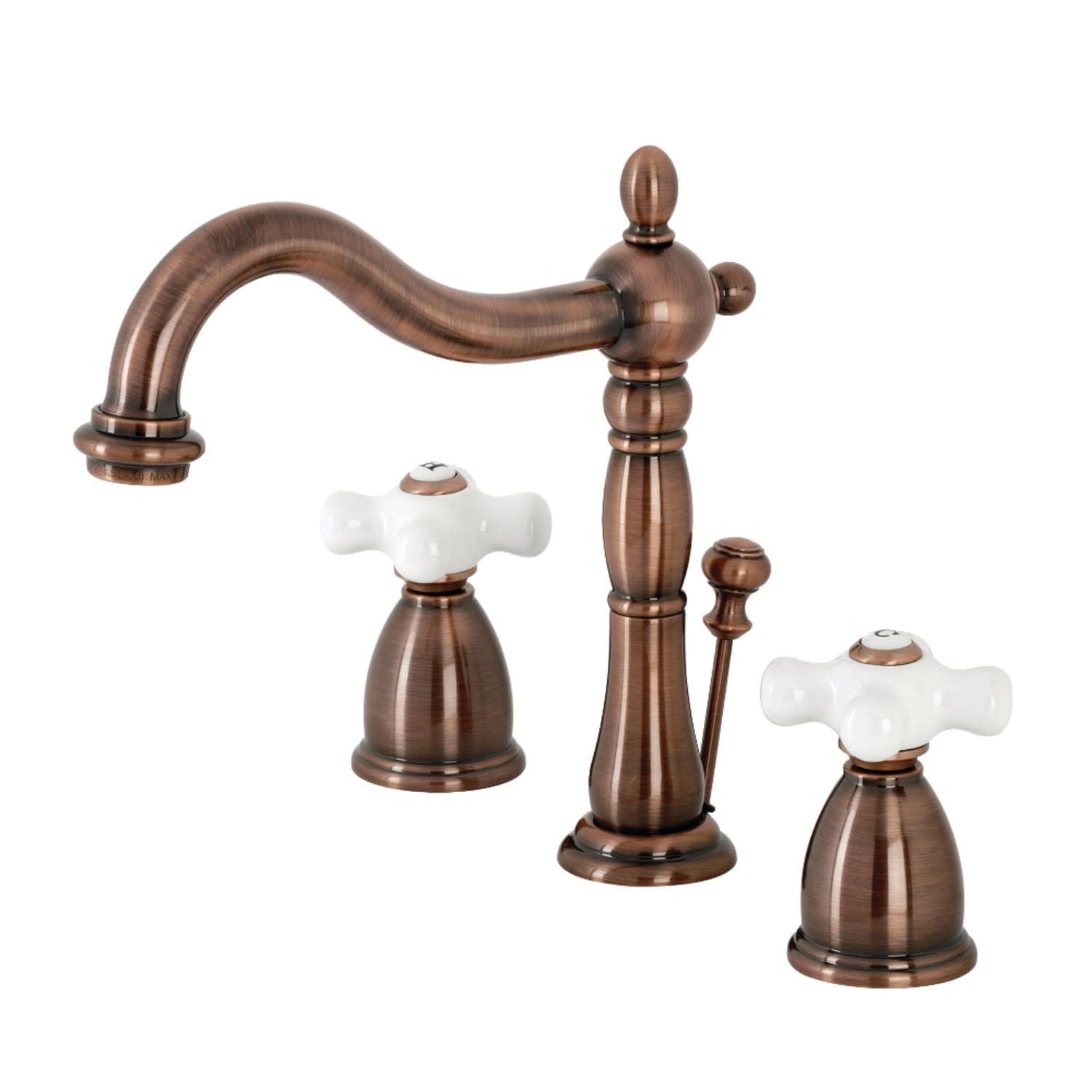 Kingston Brass Heritage Two-Handle 3-Hole Deck Mount Widespread Bathroom Faucet with Brass Pop-Up Drain