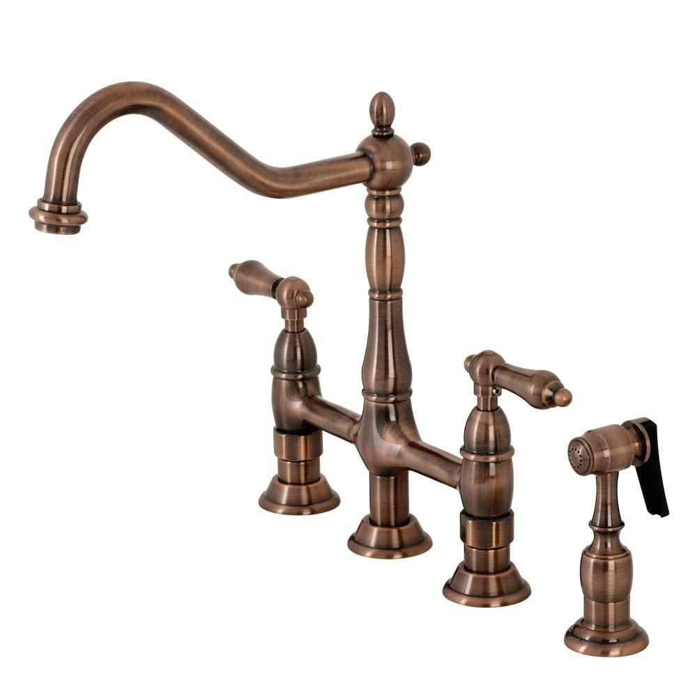 Kingston Brass KS127ALBSAC Kingston Brass Heritage Two-Handle 4-Hole Deck Mount Bridge Kitchen Faucet with Brass Side Sprayer
