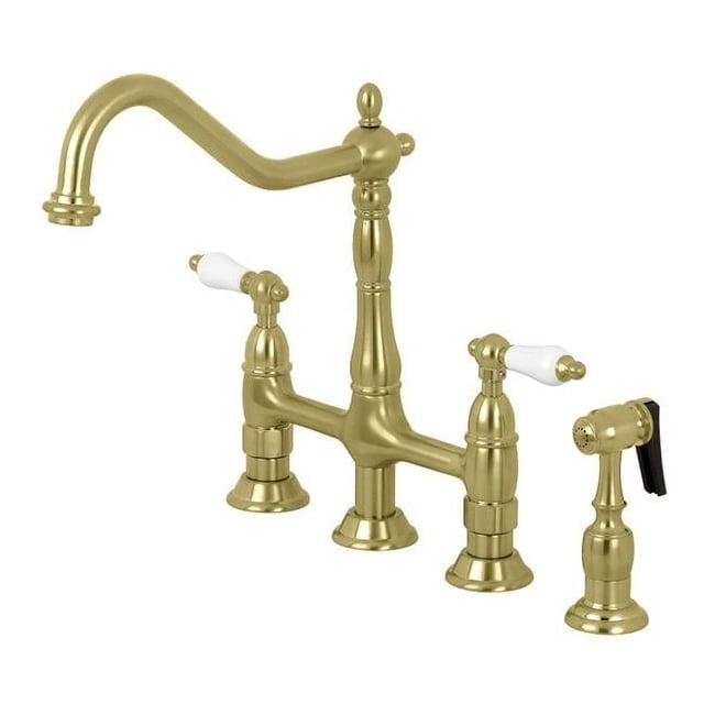 Kingston Brass Heritage Two-Handle 4-Hole Deck Mount Bridge Kitchen Faucet with Brass Side Sprayer