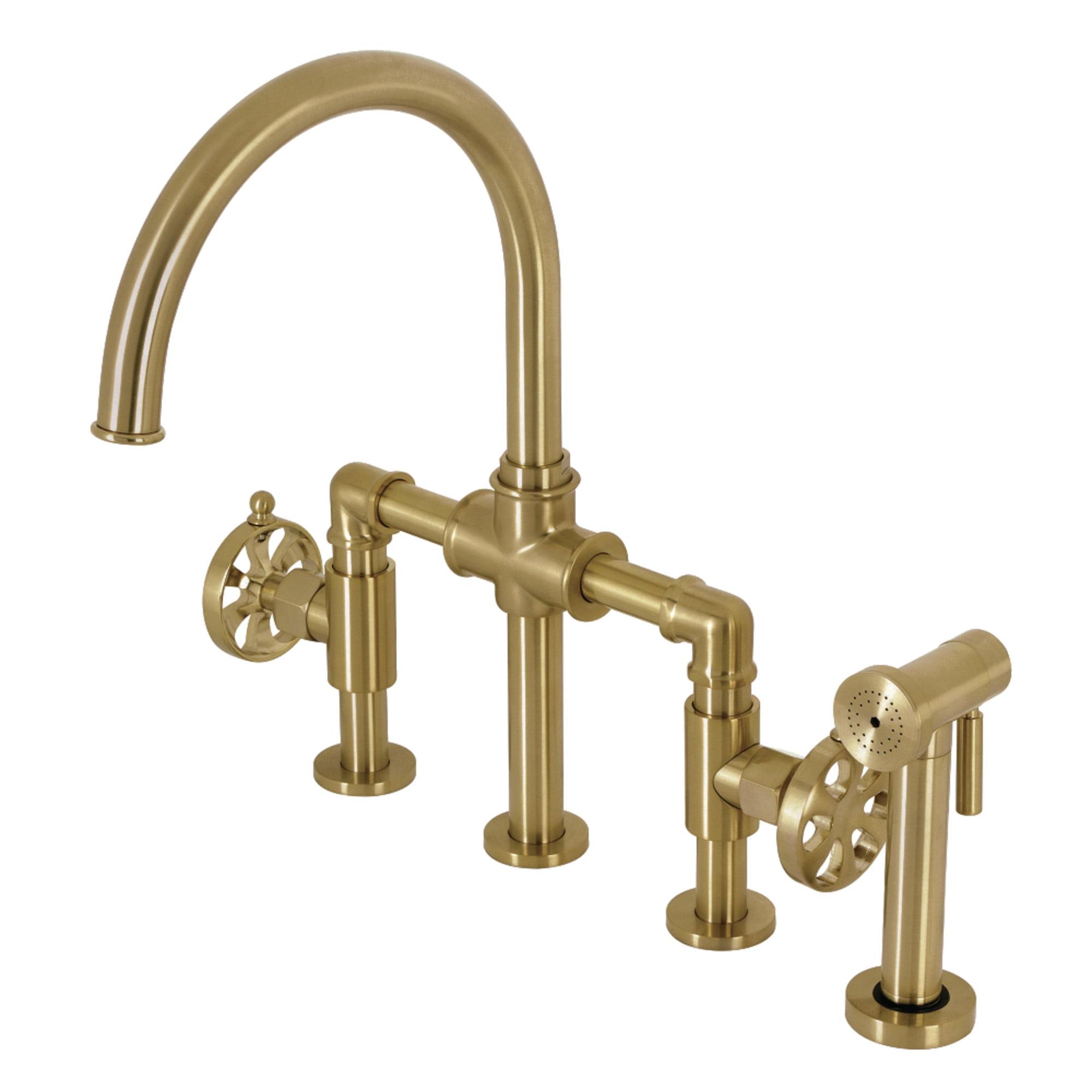 Kingston Brass Kingston Brass Two-Handle 4-Hole Deck Mount Industrial Style Bridge Kitchen Faucet with Brass Side Sprayer KS2333RX