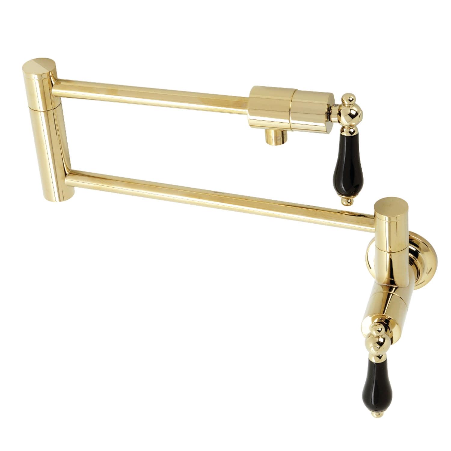 Polished Brass Wall Mount Pot Filler with Black Handles