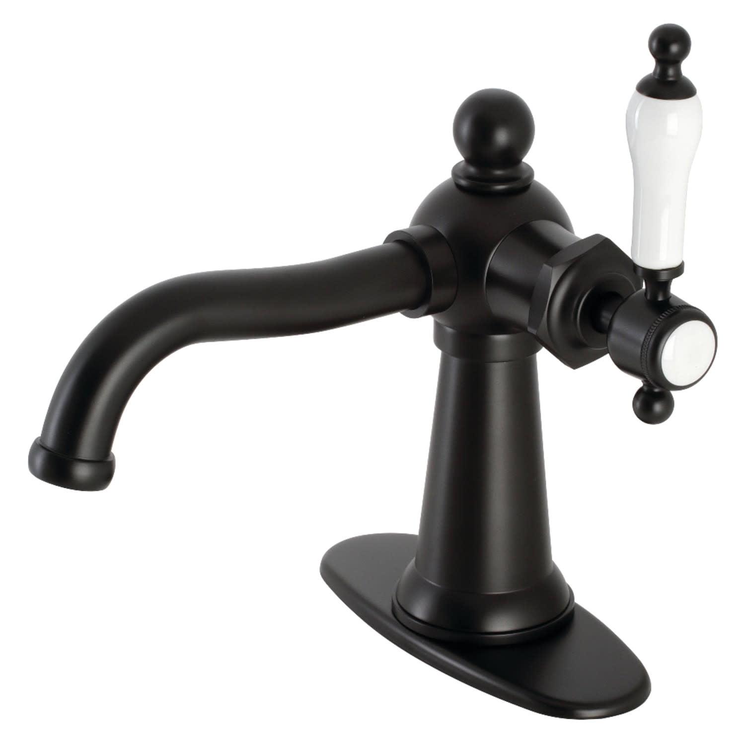 Kingston Brass KSD154KLMB Nautical One-Handle Single-Hole Bathroom Faucet with Deck Plate and Push Pop-Up Drain, Matte Black