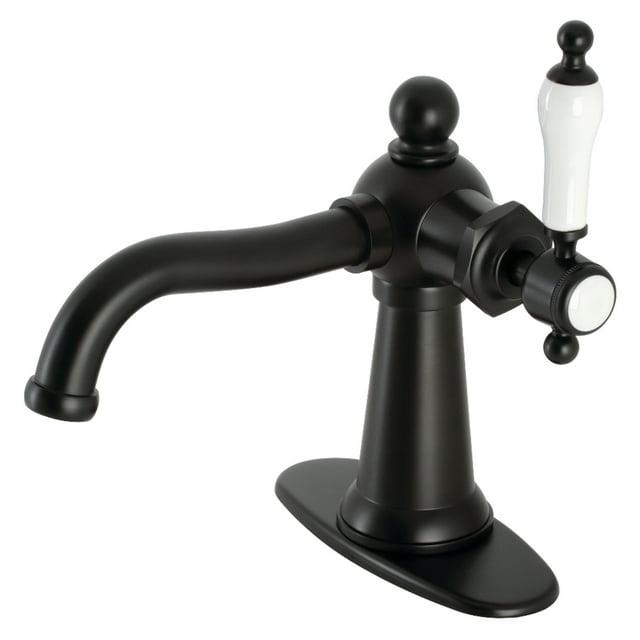 Kingston Brass KSD154KLMB Nautical One-Handle Single-Hole Bathroom Faucet with Deck Plate and Push Pop-Up Drain, Matte Black