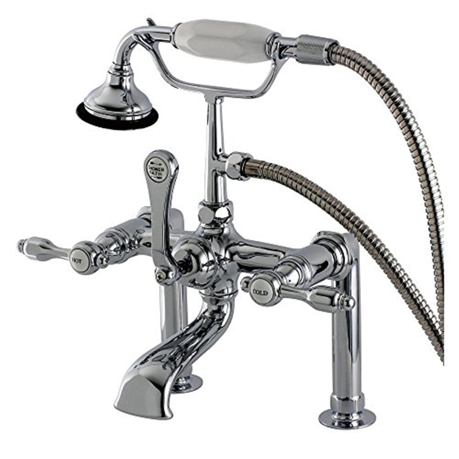 Kingston Brass Tudor Three-Handle 2-Hole Deck Mount Clawfoot Tub Faucet with Hand Shower