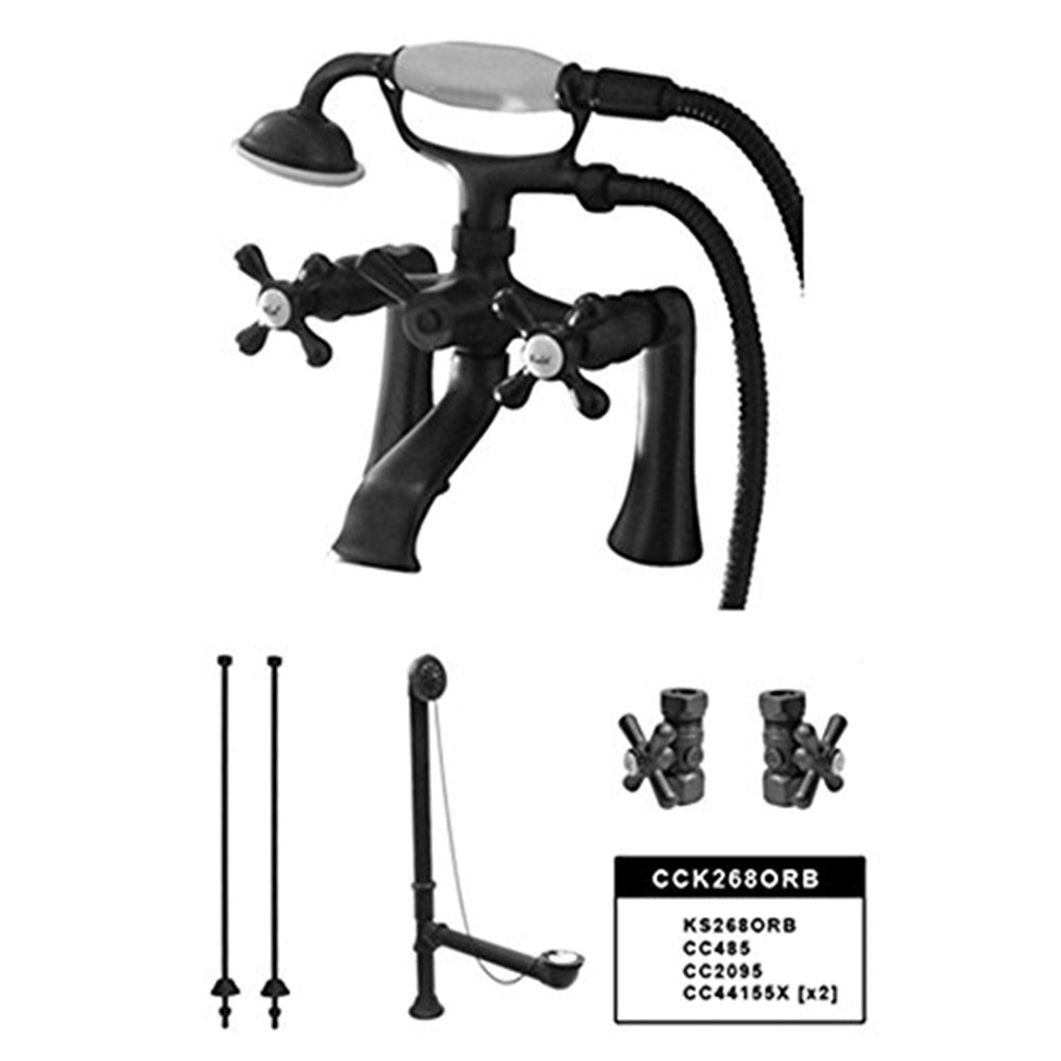 Kingston Brass Vintage Two-Handle 2-Hole Deck Mount Clawfoot Tub Faucet Package with Supply Line, Hand Shower and Tub Drain