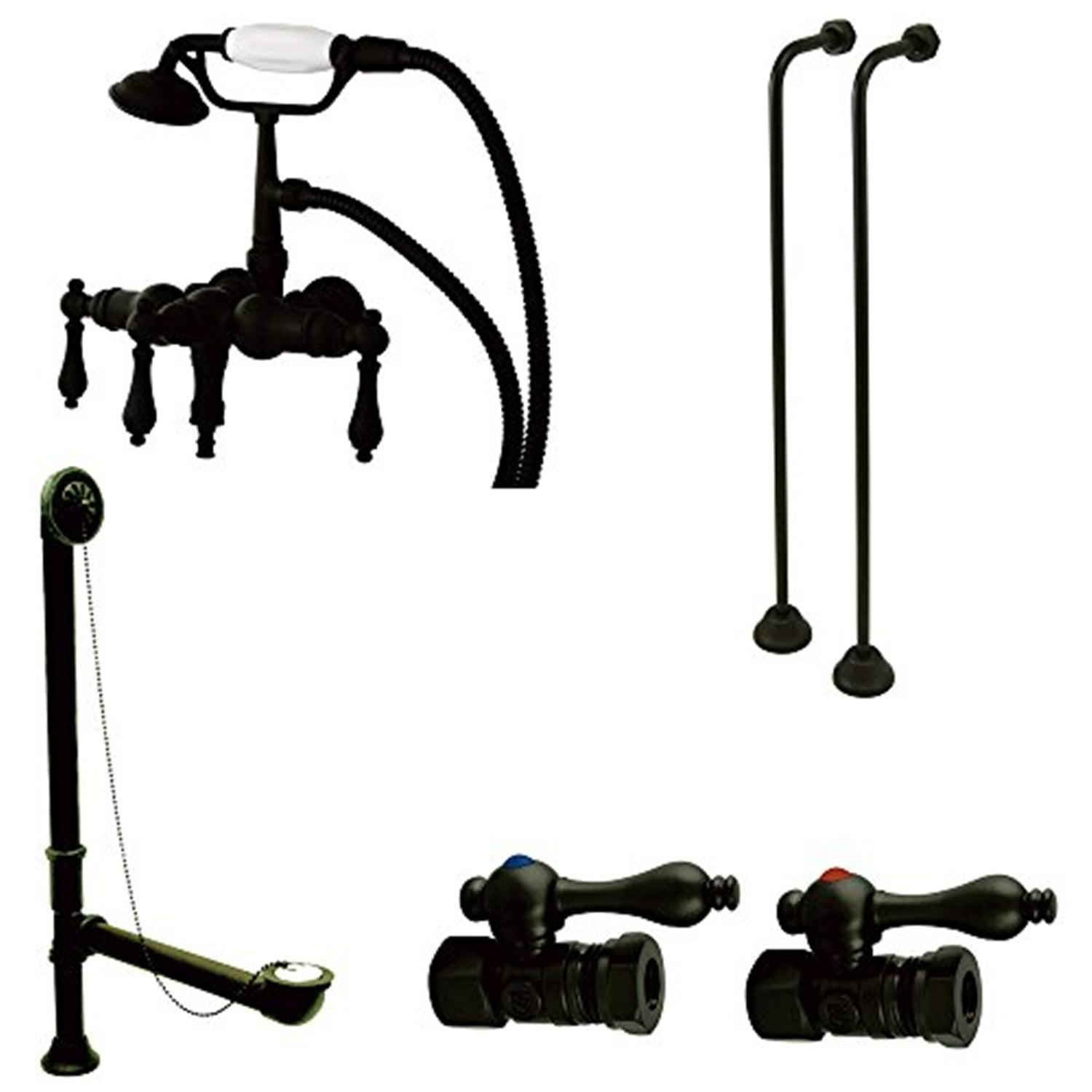 Kingston Brass Vintage Two-Handle 2-Hole Tub Wall Mount Clawfoot Tub Faucet Package with Supply Line, Hand Shower and Tub Drain