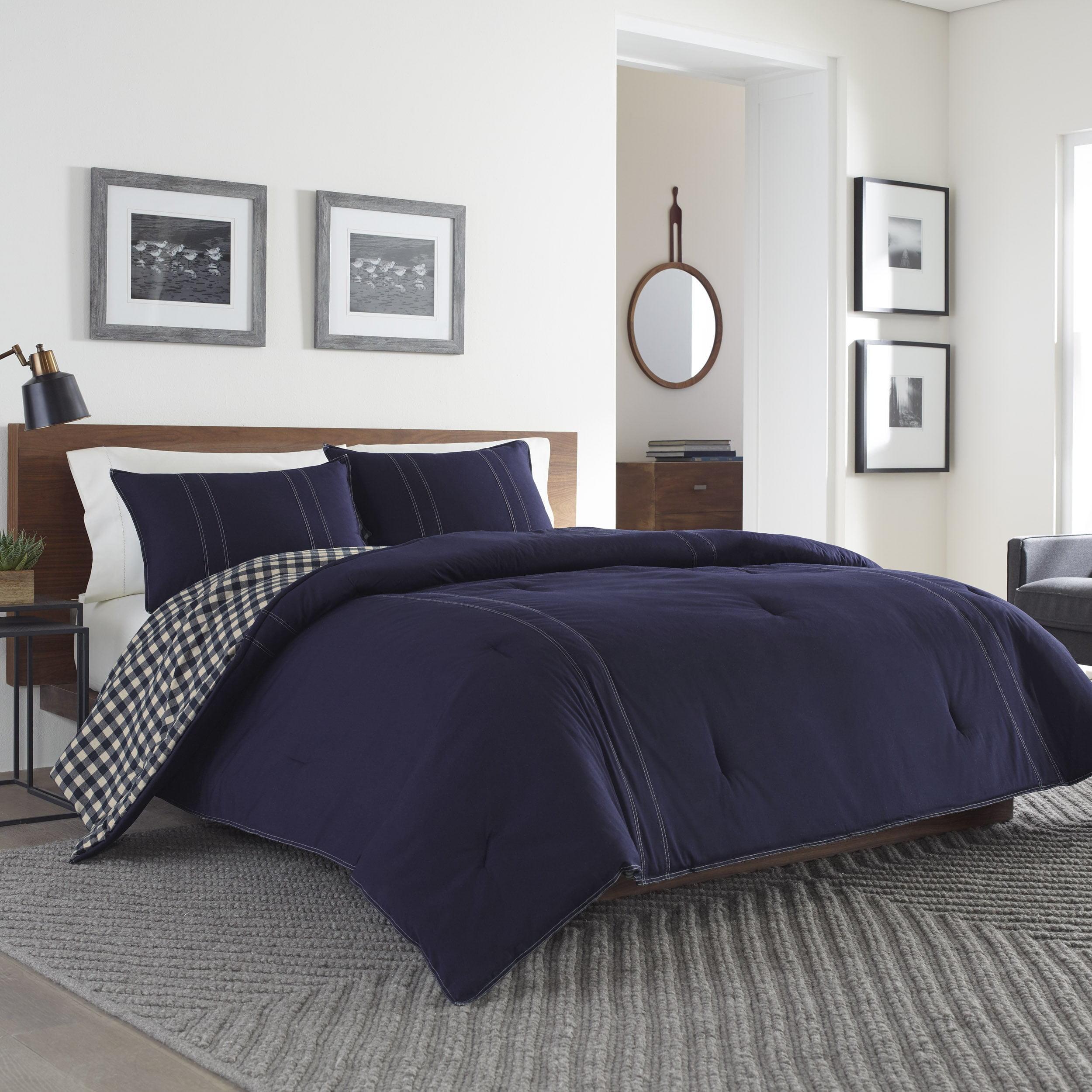 Navy Cotton Reversible Full Comforter Set with Shams