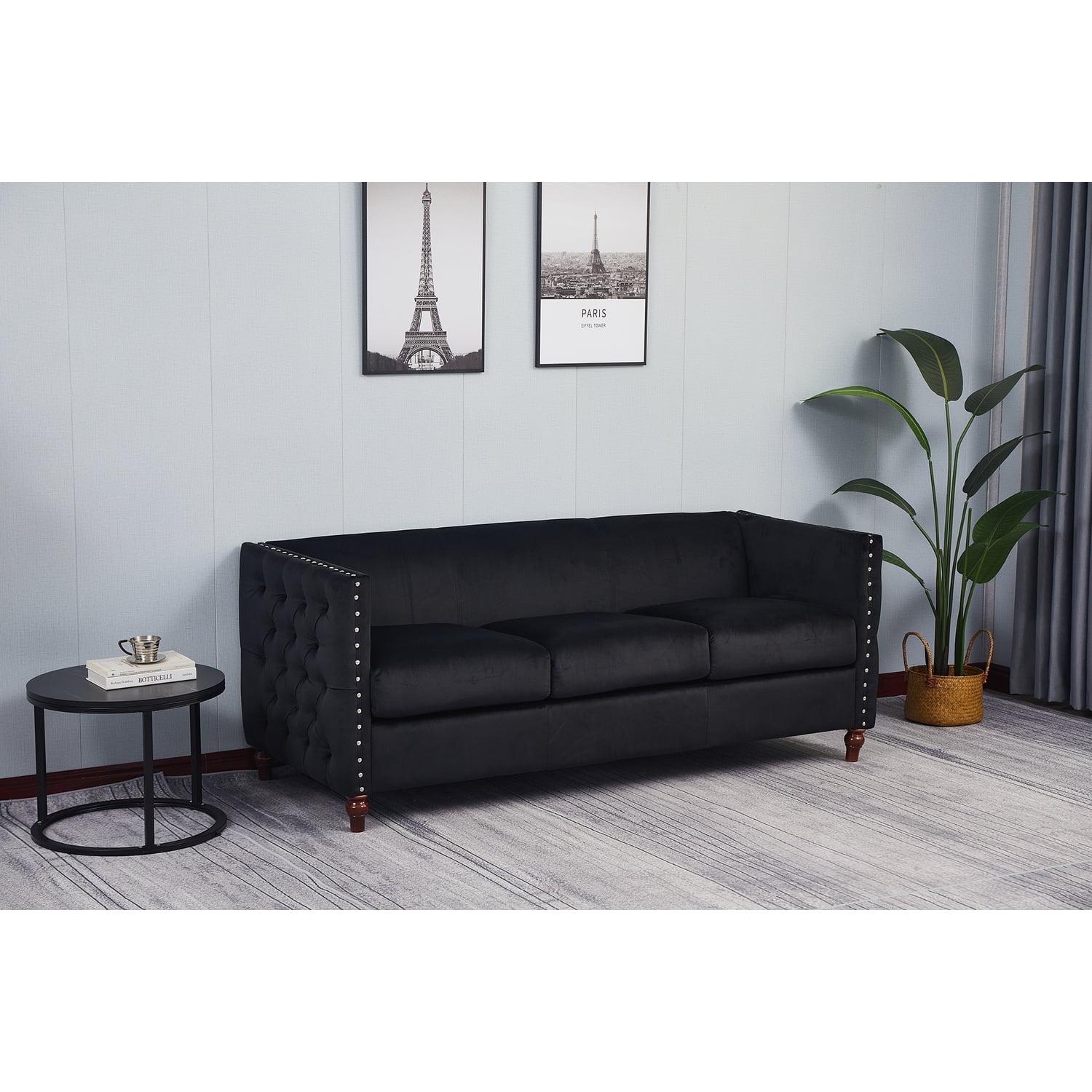 Avin Black Velvet Tufted Sofa with Nailhead Trim