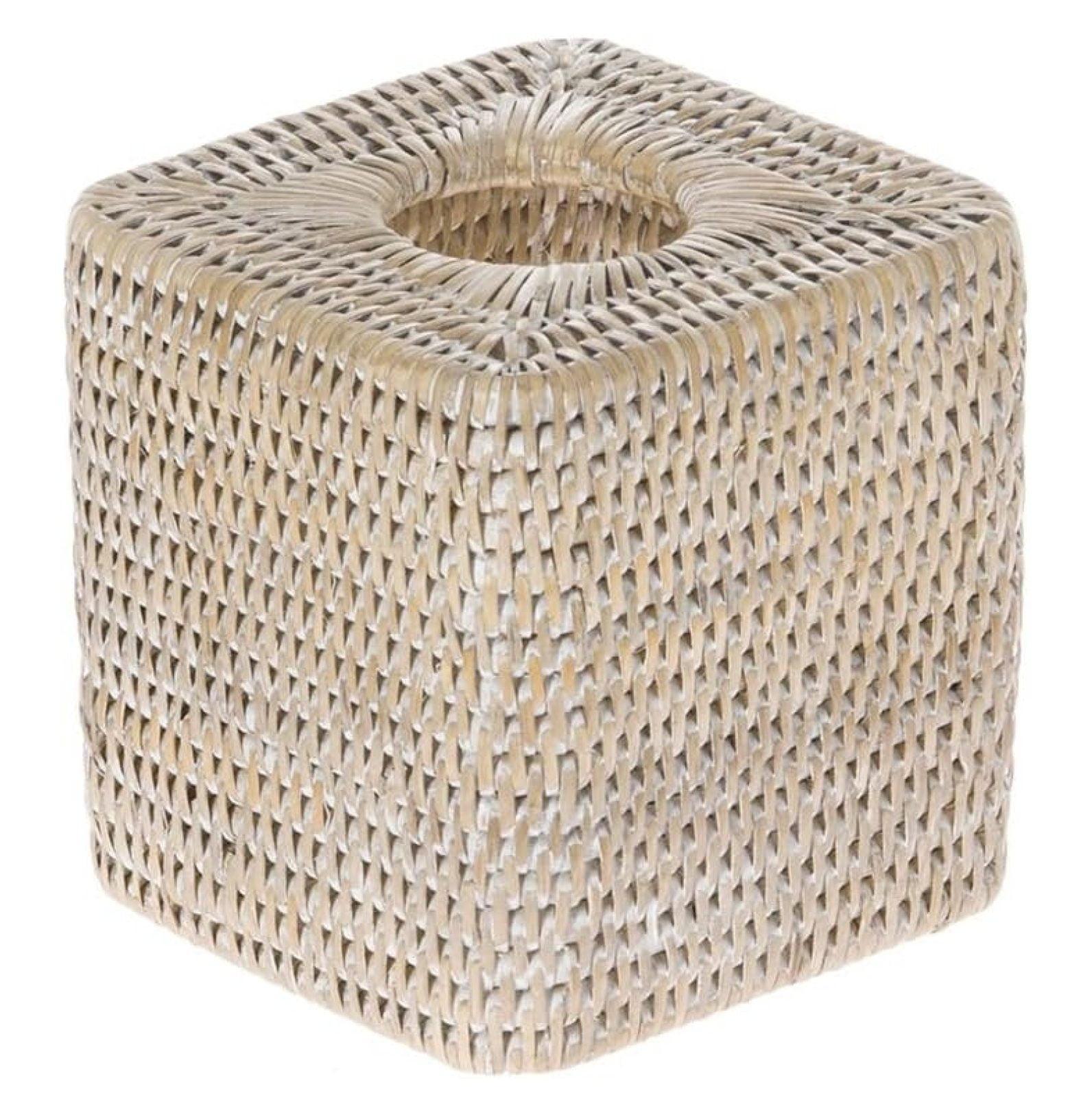 White Wash Handwoven Rattan Square Tissue Box Cover