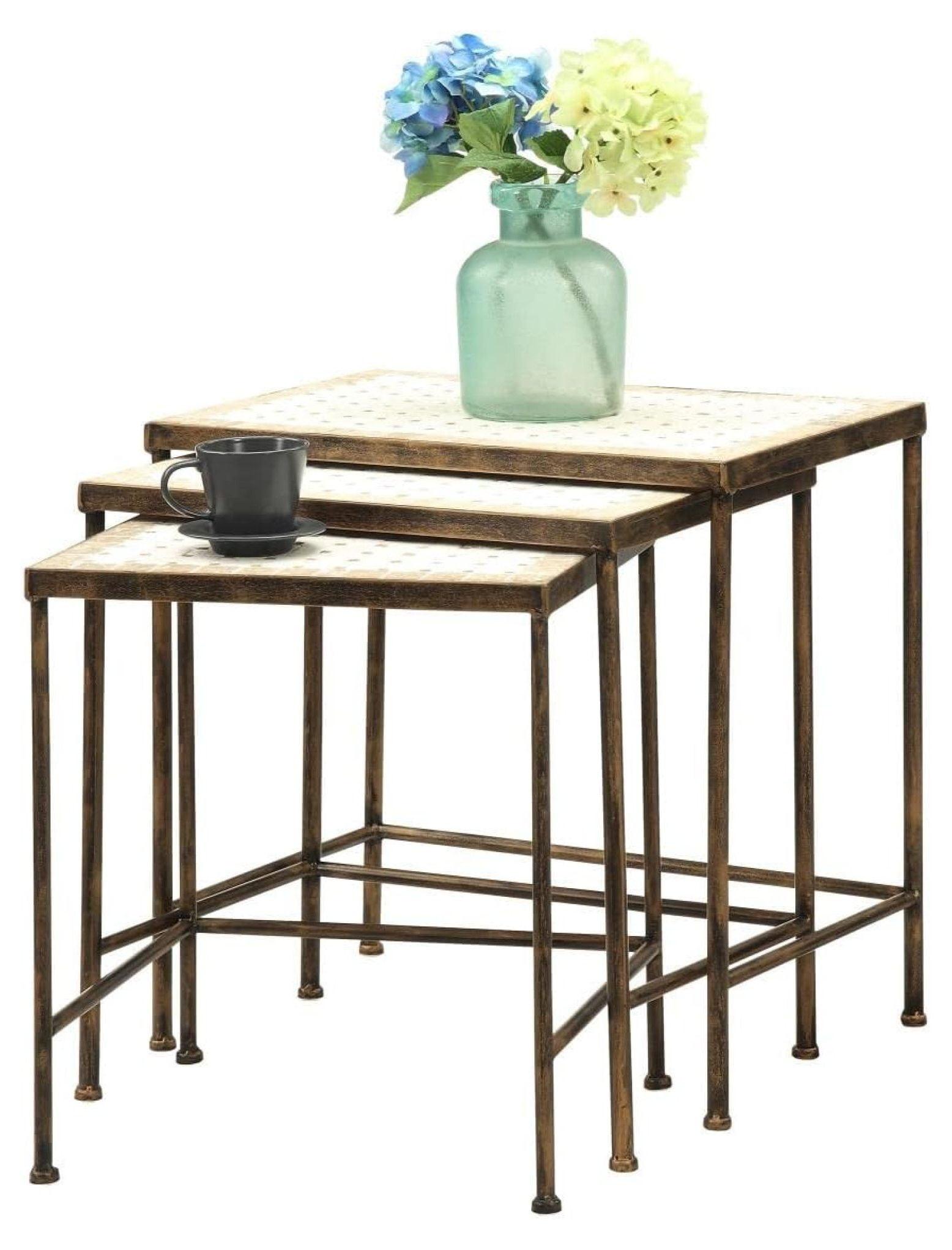 Antique Tuscany 3-Piece Travertine and Metal Nesting Tables