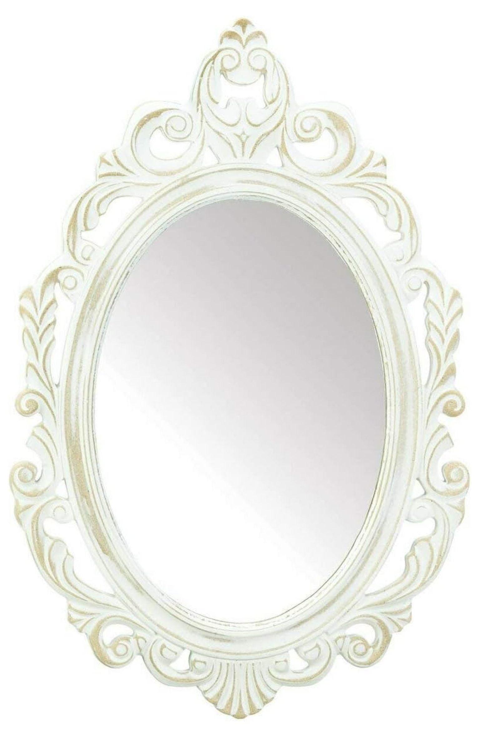 Antiqued White Oval Wood Wall Mirror