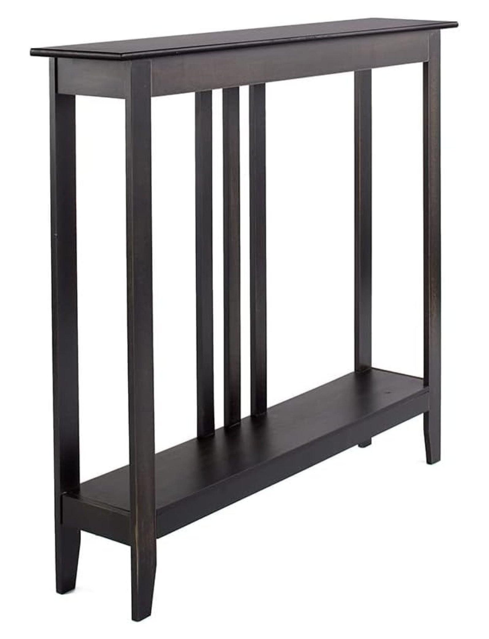 Slim Black Wood Console Table with Storage Shelf