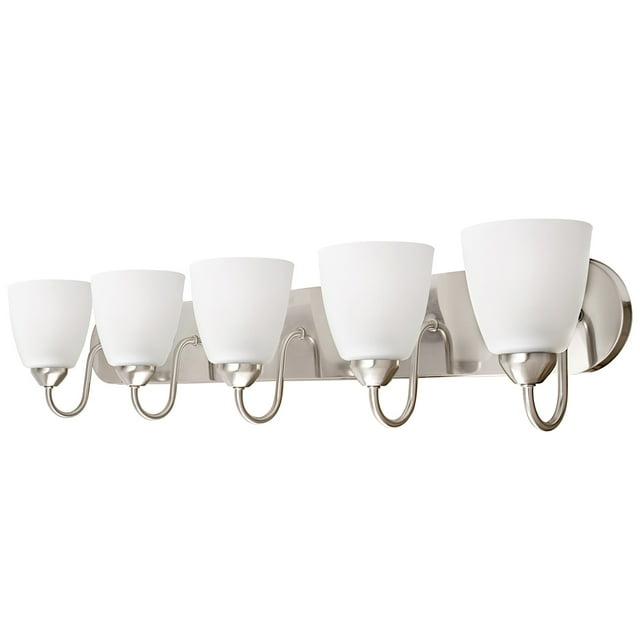 Kira Home Armada 37" 5-Light Over Mirror / Bathroom Light, Frosted Glass Shades, Curved Arms, Brushed Nickel