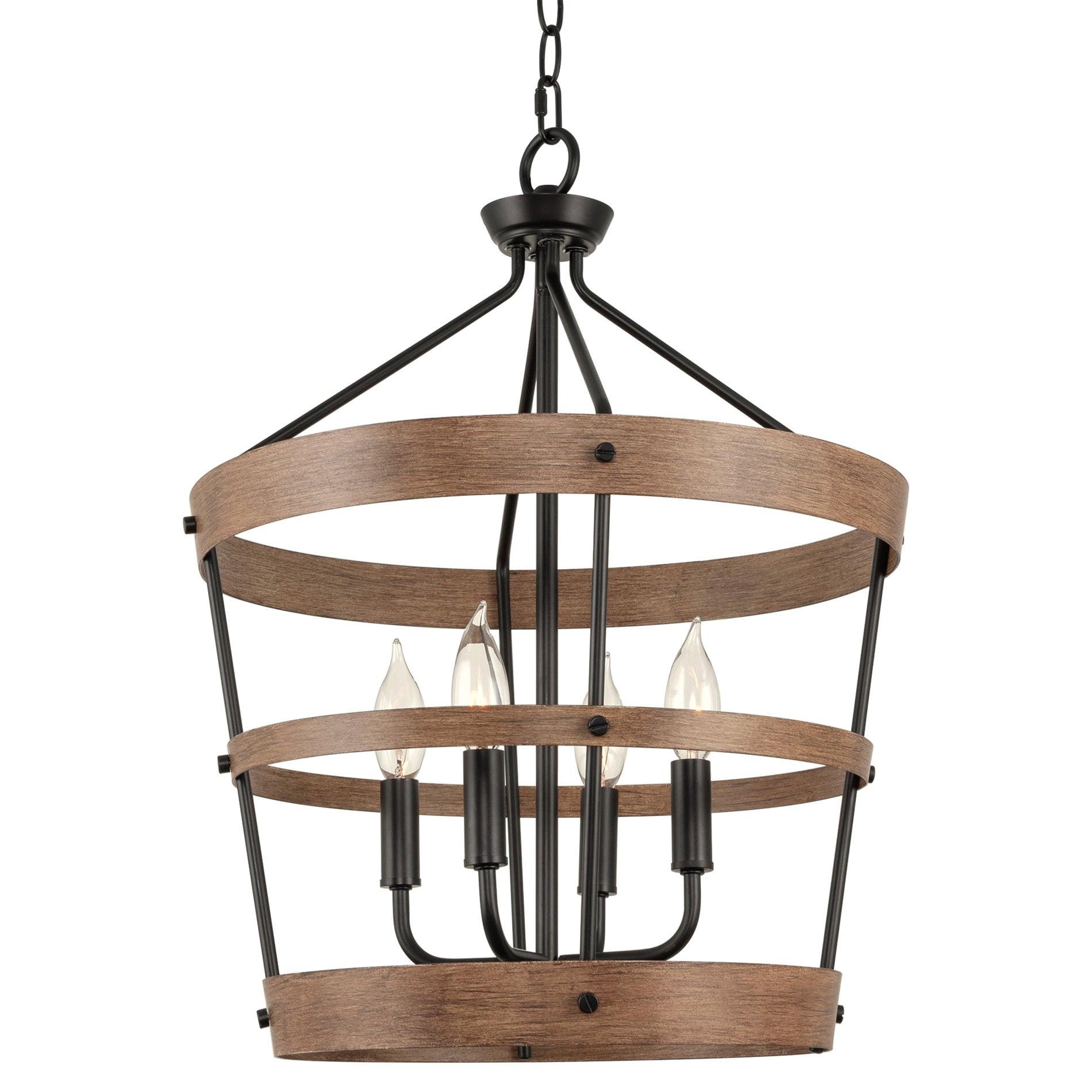 Kira Home Bowen 21" 4-Light Modern Farmhouse Pendant Chandelier, Adjustable Height, Fair Walnut Wood Style + Black