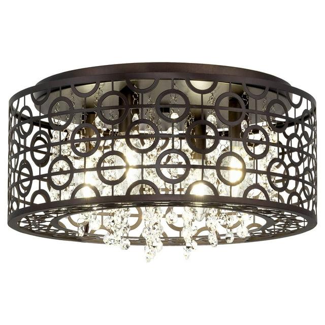 Kira Home Brielle 15" Chic 4-Light Crystal Flush Mount Chandelier + Round Metal Shade, Dimmable, Oil Rubbed Bronze