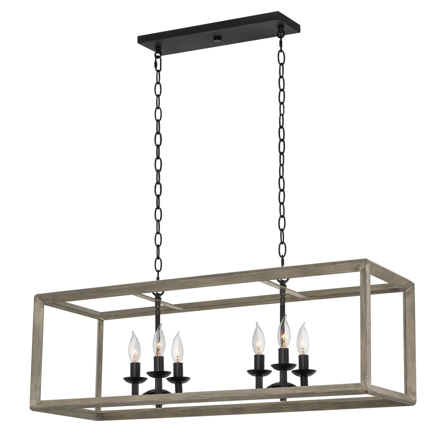 Kira Home Carlton 36" Farmhouse Kitchen Island Light, Rectangle Pendant Chandelier, Gray Oak Wood Style Metal Frame