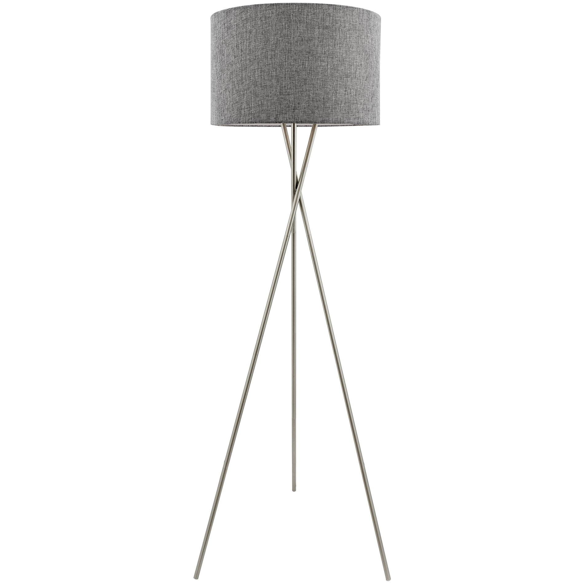 Gray Fabric Shade Brushed Nickel Tripod Floor Lamp