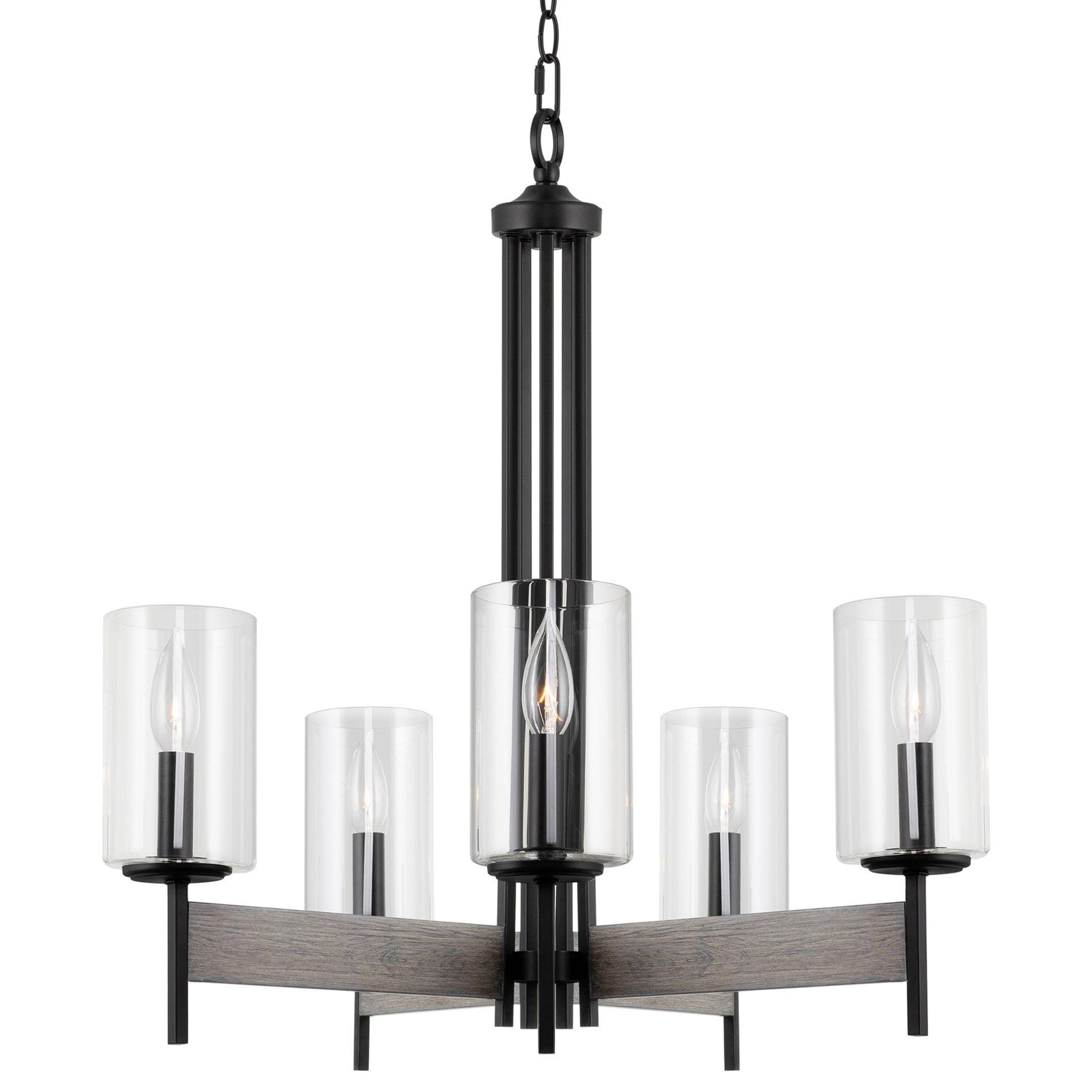 Classic Black Farmhouse Chandelier with Clear Glass Cylinder Shades