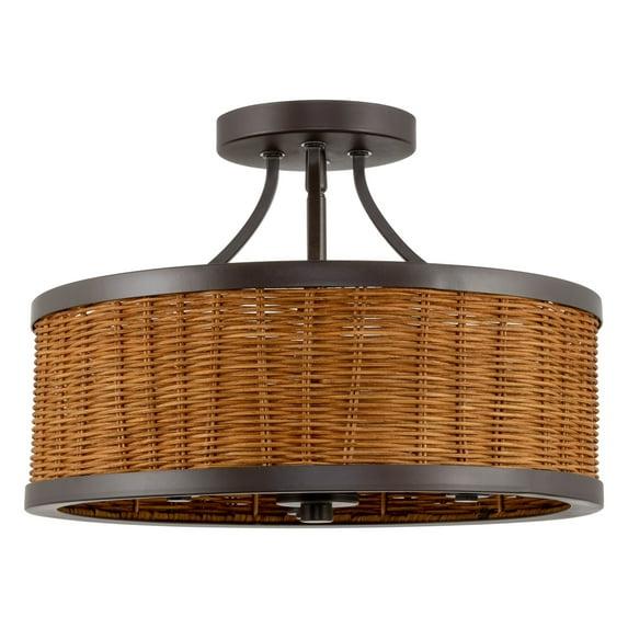 Kira Home Zora 15" 3-Light Modern Semi Flush Mount Ceiling Light + Rattan Wicker Drum Shade, Oil Rubbed Bronze Finish