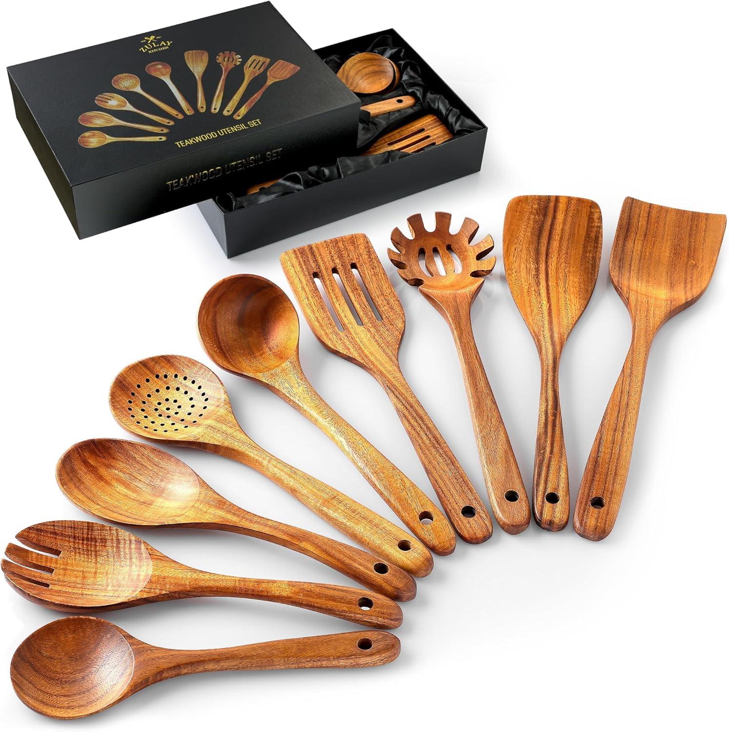 Zulay 9-Piece Teak Wooden Utensils For Cooking, Smooth Finish Kitchen Utensils Set with Gift Box