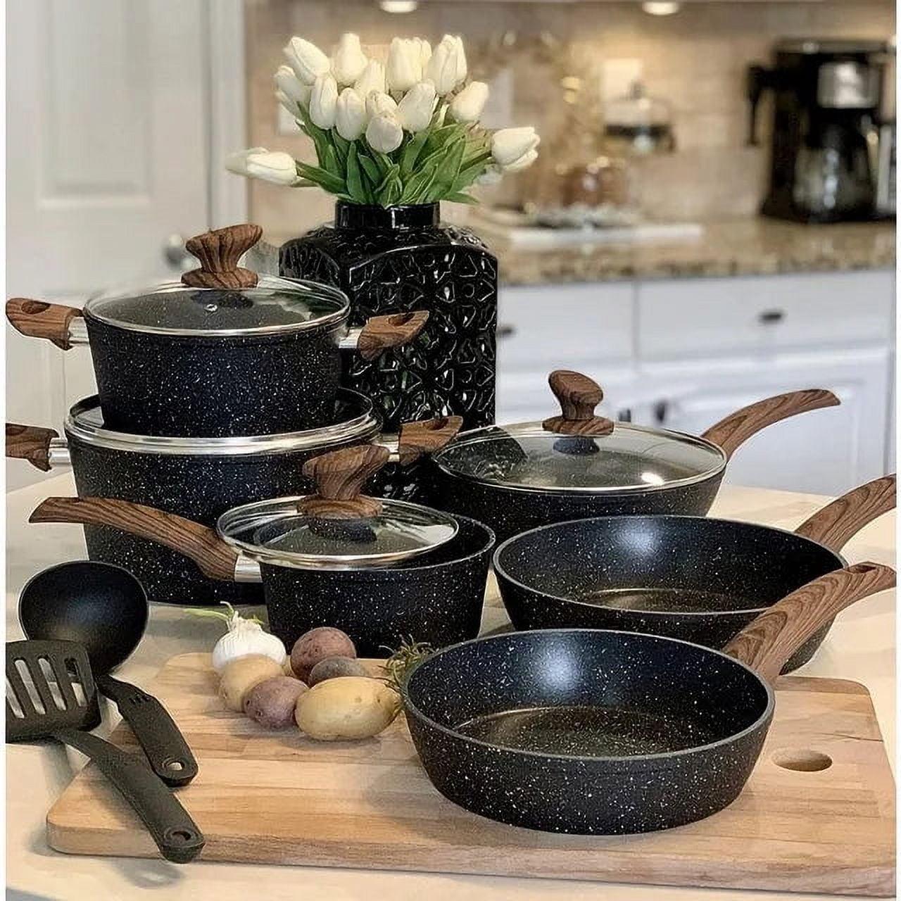 BN-LINKKL Kitchen Academy Induction Cookware Sets - 12 Piece Cooking Pan Set, Granite Black Nonstick Pots And Pans Set
