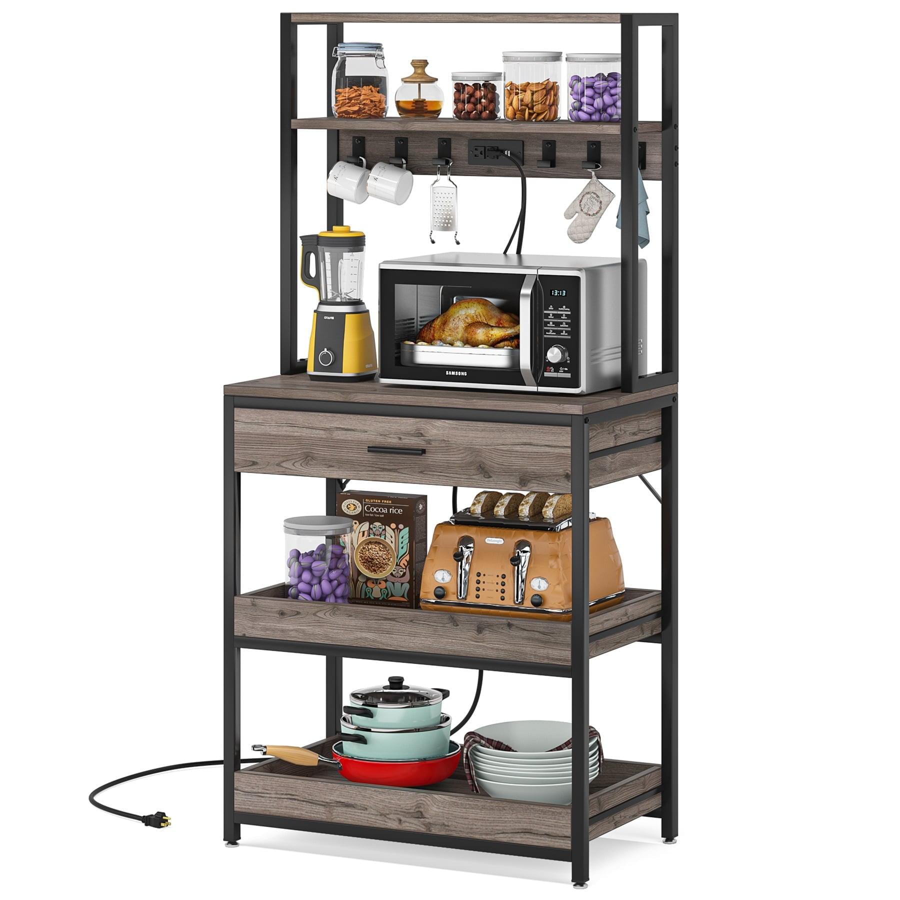 Adjustable Grey and Black Metal Kitchen Bakers Rack with Shelves