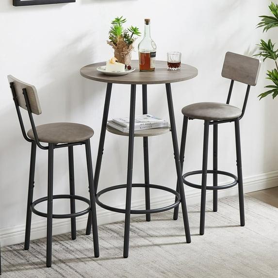 Kitchen Bar Table Set, 3-Piece Bar Table Set for Kitchen, Round Dining Room Set with 2 Upholstered Chairs, Gray Table and Chairs Dining Set for Pub Bistro Restaurant
