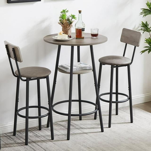 Kitchen Bar Table Set, 3-Piece Bar Table Set for Kitchen, Round Dining Room Set with 2 Upholstered Chairs, Gray Table and Chairs Dining Set for Pub Bistro Restaurant