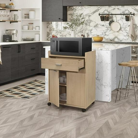 Kings Brand Furniture Northbury 2-Door Microwave Accent Kitchen Cabinet Rolling Cart (Beech)