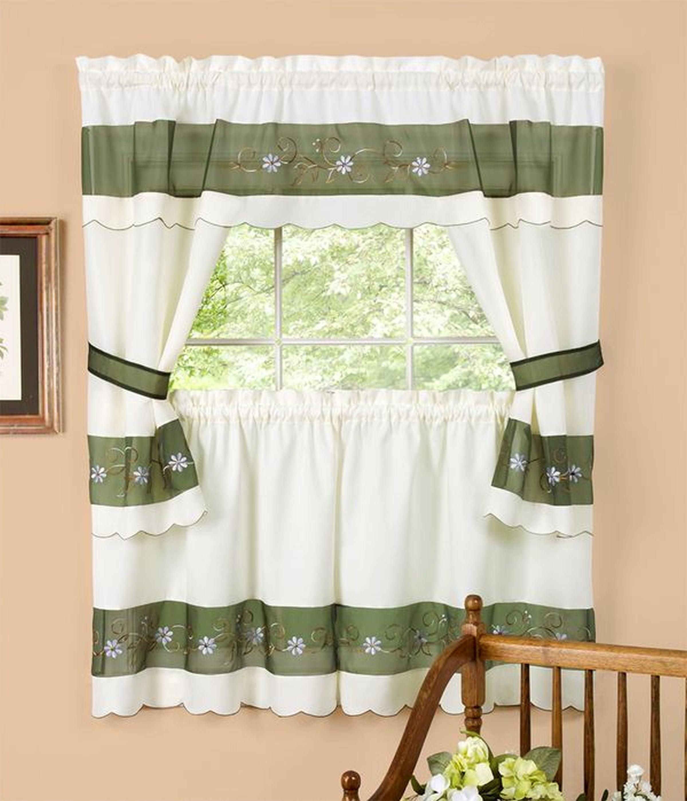 Achim Home Furnishing Berkshire Window Kitchen Curtains 3-Piece Embellished Cottage Set - 56" (W) x 36" (L) Complete Set, Green