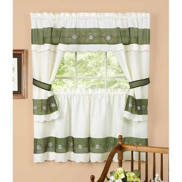 Achim Home Furnishing Berkshire Window Kitchen Curtains 3-Piece Embellished Cottage Set - 56" (W) x 36" (L) Complete Set, Green