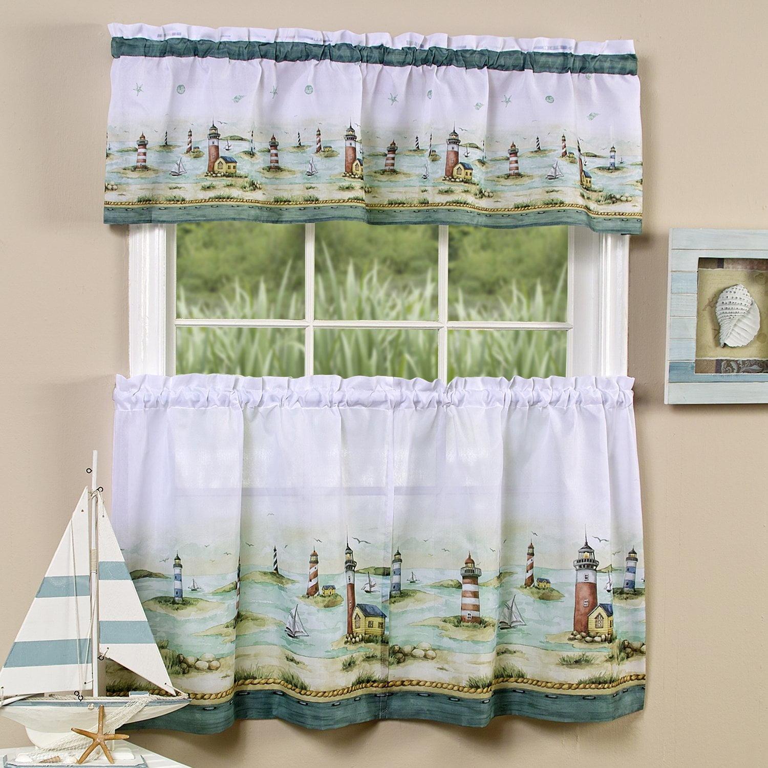 White Nautical Polyester Kitchen Window Tier and Valance Set