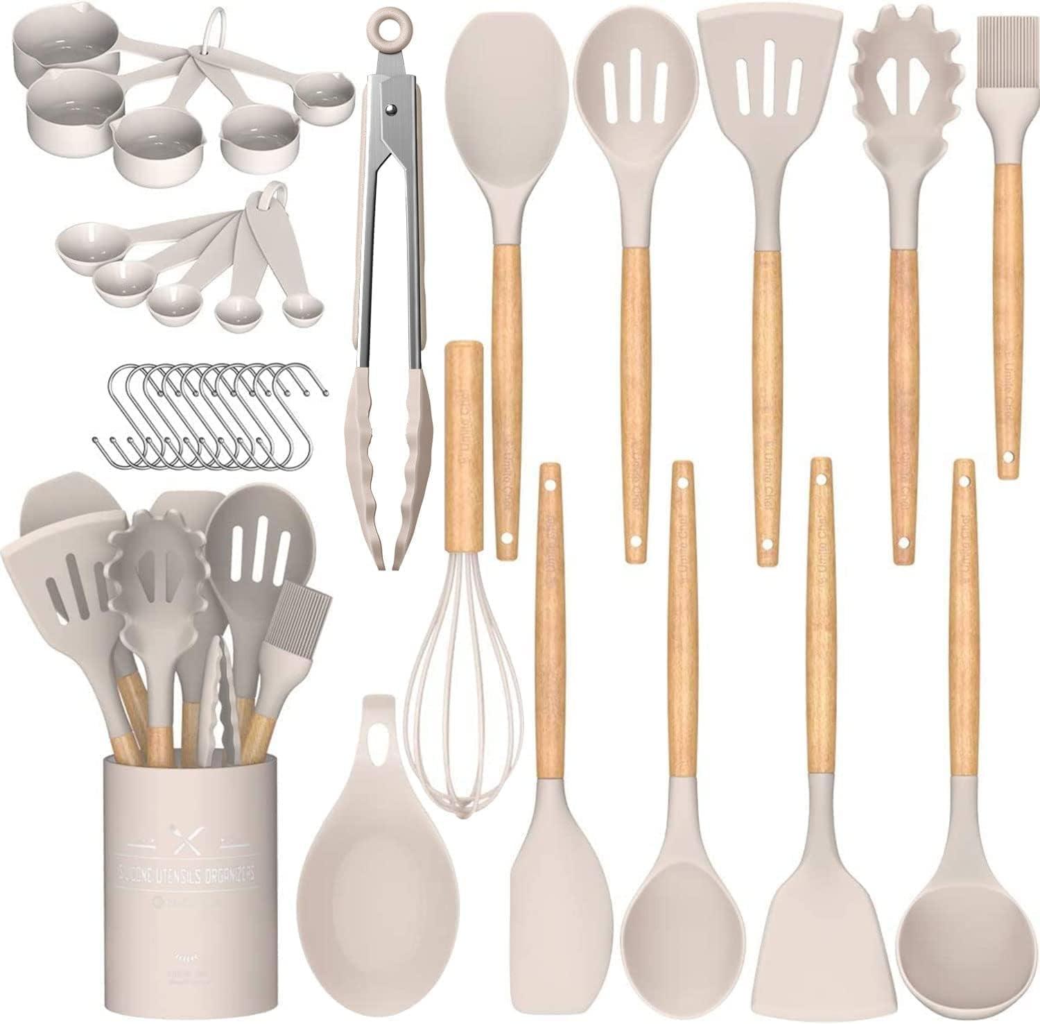 33 Pcs Silicone Kitchen Utensils Set, Khaki Kitchen Cooking Utensils Set with Natural Hard Wood Handle, Silicone Utensils Set with Holder, Heat Resistant, BPA Free, Non Toxic