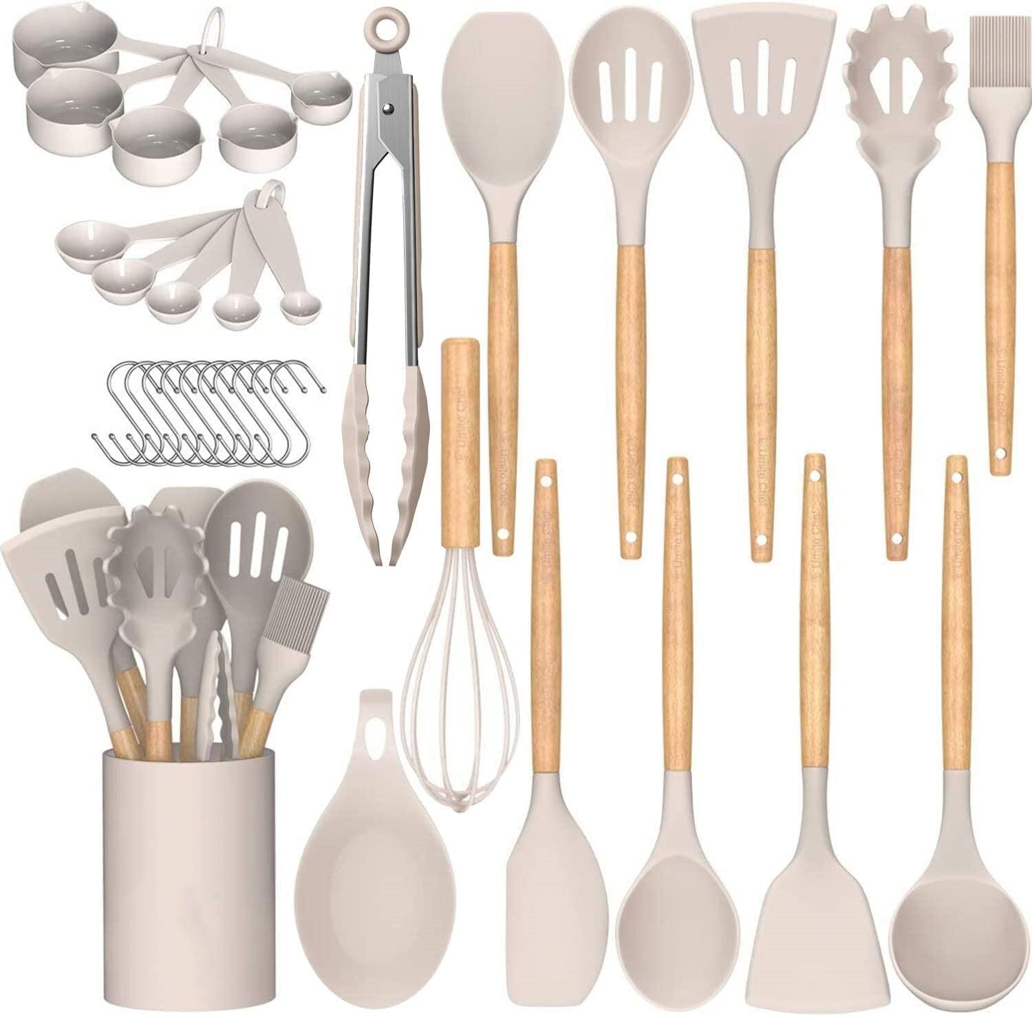 33 Pcs Silicone Kitchen Utensils Set, Khaki Kitchen Cooking Utensils Set with Natural Hard Wood Handle, Silicone Utensils Set with Holder, Heat Resistant, BPA Free, Non Toxic