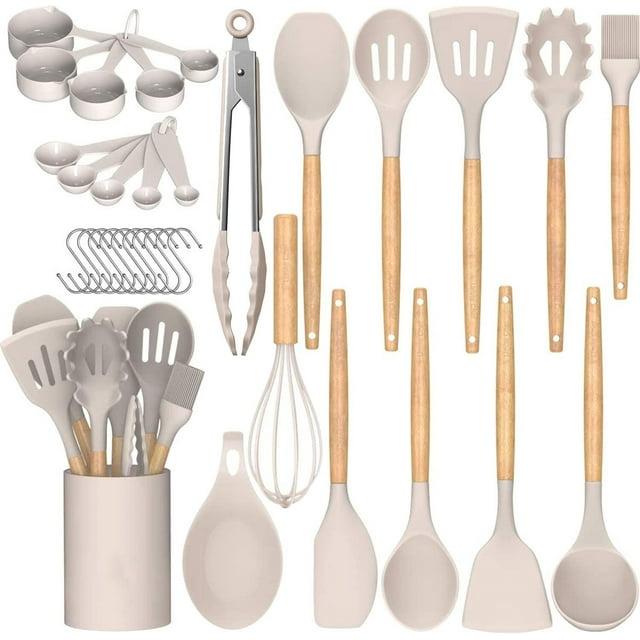 33 Pcs Silicone Kitchen Utensils Set, Khaki Kitchen Cooking Utensils Set with Natural Hard Wood Handle, Silicone Utensils Set with Holder, Heat Resistant, BPA Free, Non Toxic